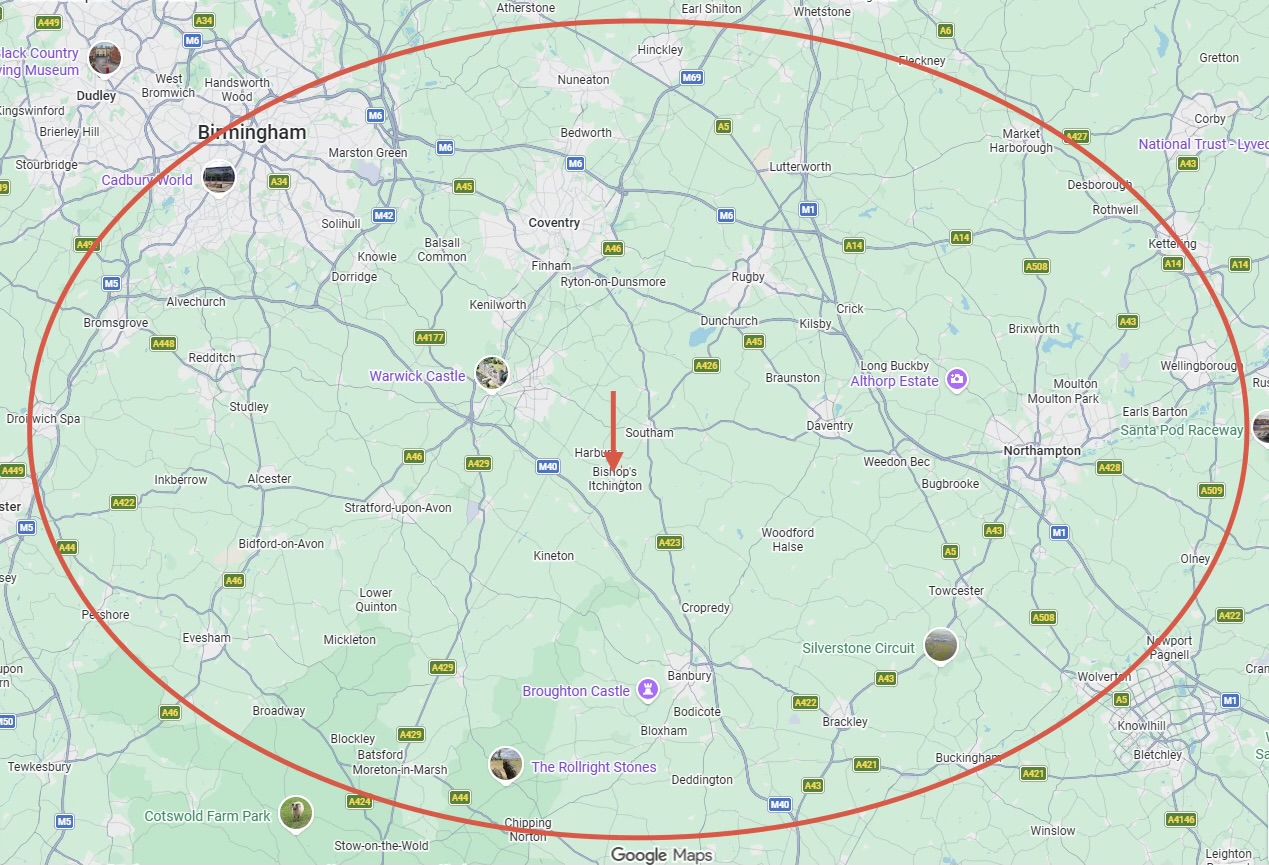 CCH Caravan & Motorhome Repairs service area map covering Warwickshire and surrounding counties